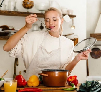 woman is tasting food